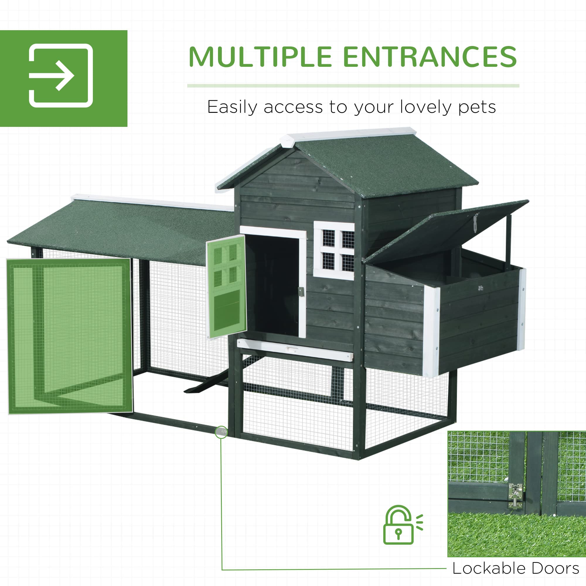 PawHut 84" Wooden Chicken Coop, Hen House Outdoor with Run Nesting Box, Asphalt Roof, Removable Tray, Ramp, Poultry Cage for 2-3 Chickens, Green