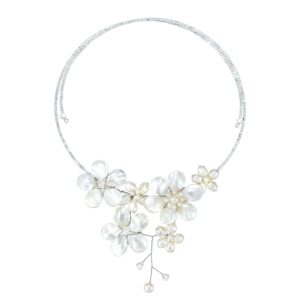 AeraVida Elegant Bridal Floral Mother of Pearl and Freshwater White Pearl Cluster Choker Wrap Necklace