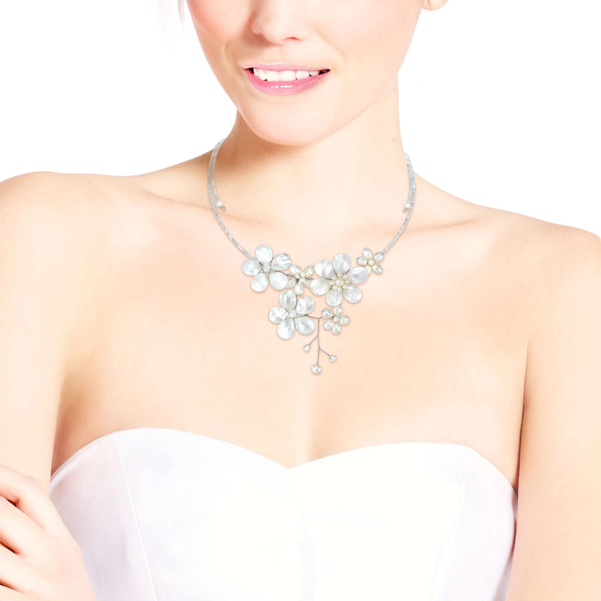 AeraVida Elegant Bridal Floral Mother of Pearl and Freshwater White Pearl Cluster Choker Wrap Necklace