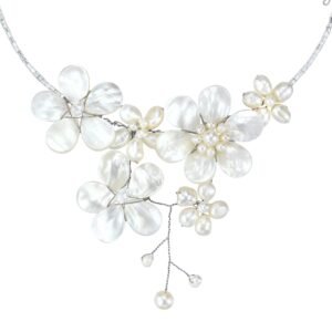 AeraVida Elegant Bridal Floral Mother of Pearl and Freshwater White Pearl Cluster Choker Wrap Necklace