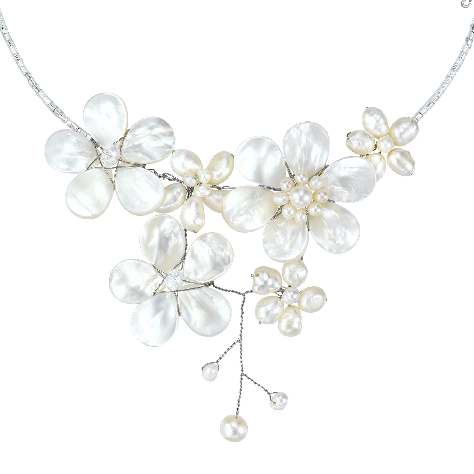 AeraVida Elegant Bridal Floral Mother of Pearl and Freshwater White Pearl Cluster Choker Wrap Necklace