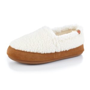 acorn women's moc slippers with comfortable cloud-like feel, soft and cozy uppers and non-slip sole, buff popcorn, 8-9