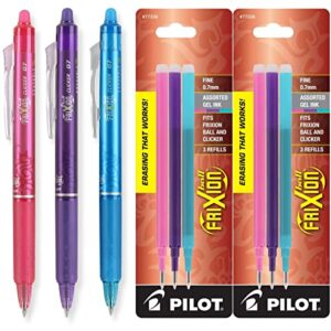 pilot frixion clicker retractable erasable gel ink pens, fine point, 0.7mm, assorted fashion ink, pack of 3 with bonus 2 packs of refills