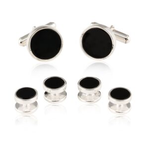 mens sterling silver black onyx cufflinks and studs formal set with presentation box - solid 925 sterling silver wedding party tuxedo shirt studs - 5/8" cufflinks 3/8" studs heirloom luxury set