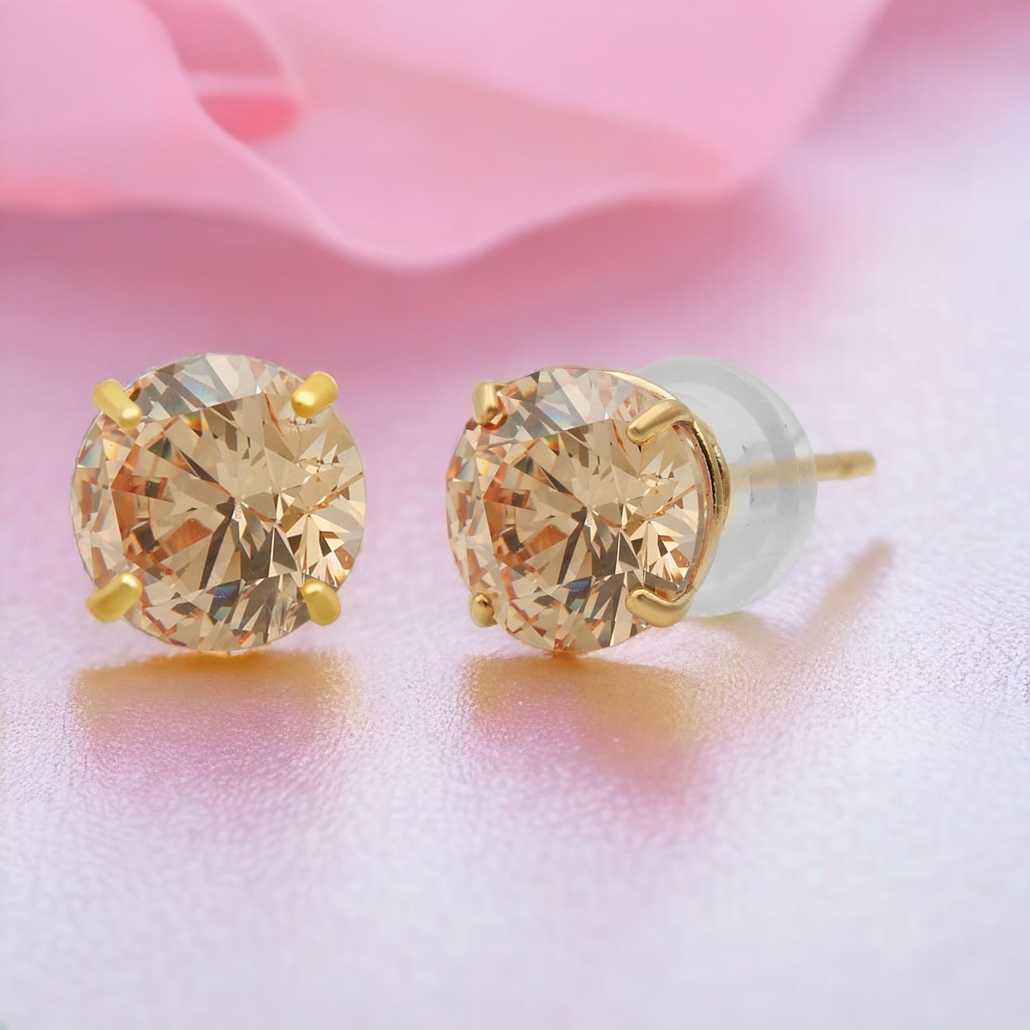 Jewelili Solitaire Stud Earrings in 10K Yellow Gold with 6MM Round Cut Champagne Cubic Zirconia