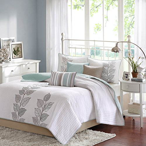 Madison Park Caelie Quilt Modern Classic Design All Season, Breathable Coverlet Lightweight Bedding Set, Matching Shams, Decorative Pillow, King/Cal King(104"x94"), Leaf Blue 6 Piece