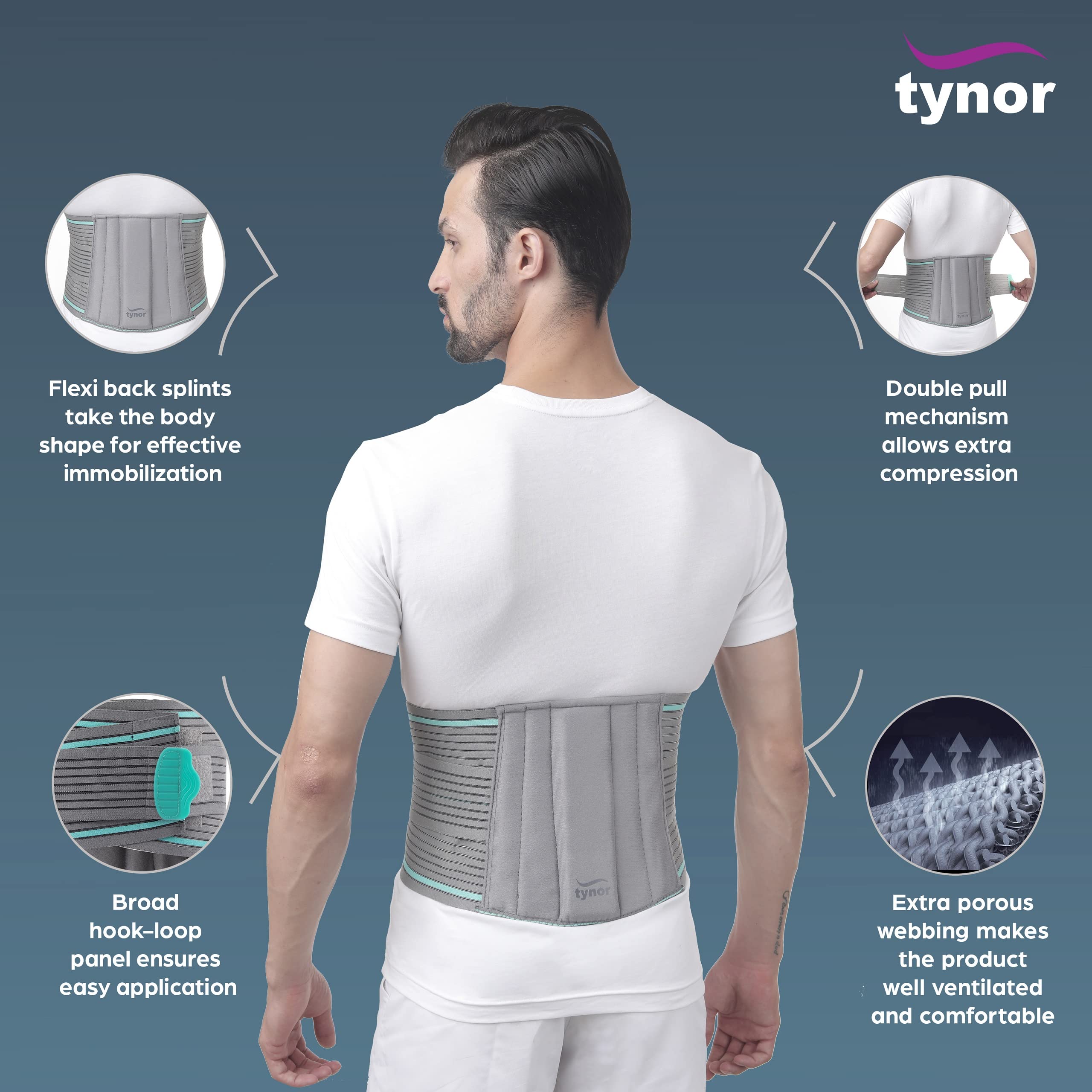 TYNOR Lumbar Sacral Belt Back Support Belt for Men & Women, Herniated Disc, Sciatica, Scoliosis & Lower Back Pain Breathable Back Brace Compression, Adjustable Straps with Removable Pad (Large, Grey)