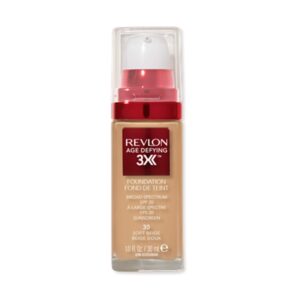 revlon liquid foundation, age defying 3xface makeup, anti-aging and firming formula, spf 30, longwear medium buildable coverage with natural finish, 030 soft beige, 1 fl oz