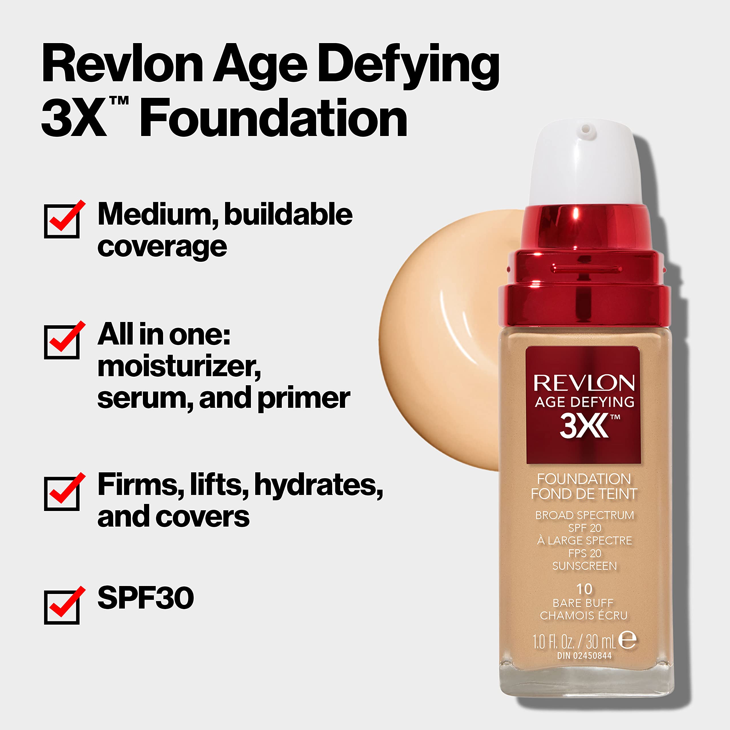 Revlon Liquid Foundation, Age Defying 3XFace Makeup, Anti-Aging and Firming Formula, SPF 30, Longwear Medium Buildable Coverage with Natural Finish, 030 Soft Beige, 1 Fl Oz