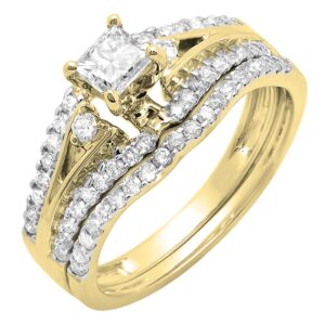 dazzlingrock collection 1.00 carat (ctw) 14k princess & round diamond bridal wedding band set 1 ct, yellow gold, size 6.5