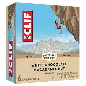 clif bar - white chocolate macadamia nut flavor - made with organic oats - 9g protein - non-gmo - plant based - energy bars - 2.4 oz. (6 pack)