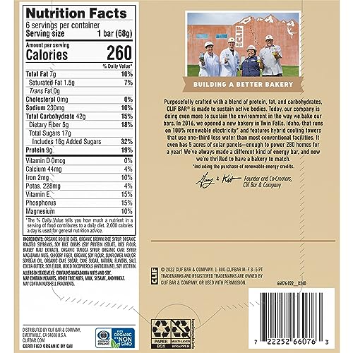 Clif Bar - White Chocolate Macadamia Nut Flavor - Made with Organic Oats - 9g Protein - Non-GMO - Plant Based - Energy Bars - 2.4 oz. (6 Pack)