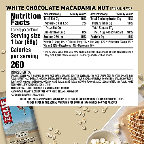 Clif Bar - White Chocolate Macadamia Nut Flavor - Made with Organic Oats - 9g Protein - Non-GMO - Plant Based - Energy Bars - 2.4 oz. (6 Pack)