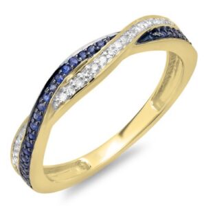 Dazzlingrock Collection 18K Round White Diamond & Blue Sapphire Swirl Stackable Wedding Band for Women Yellow Gold, Size 8.5