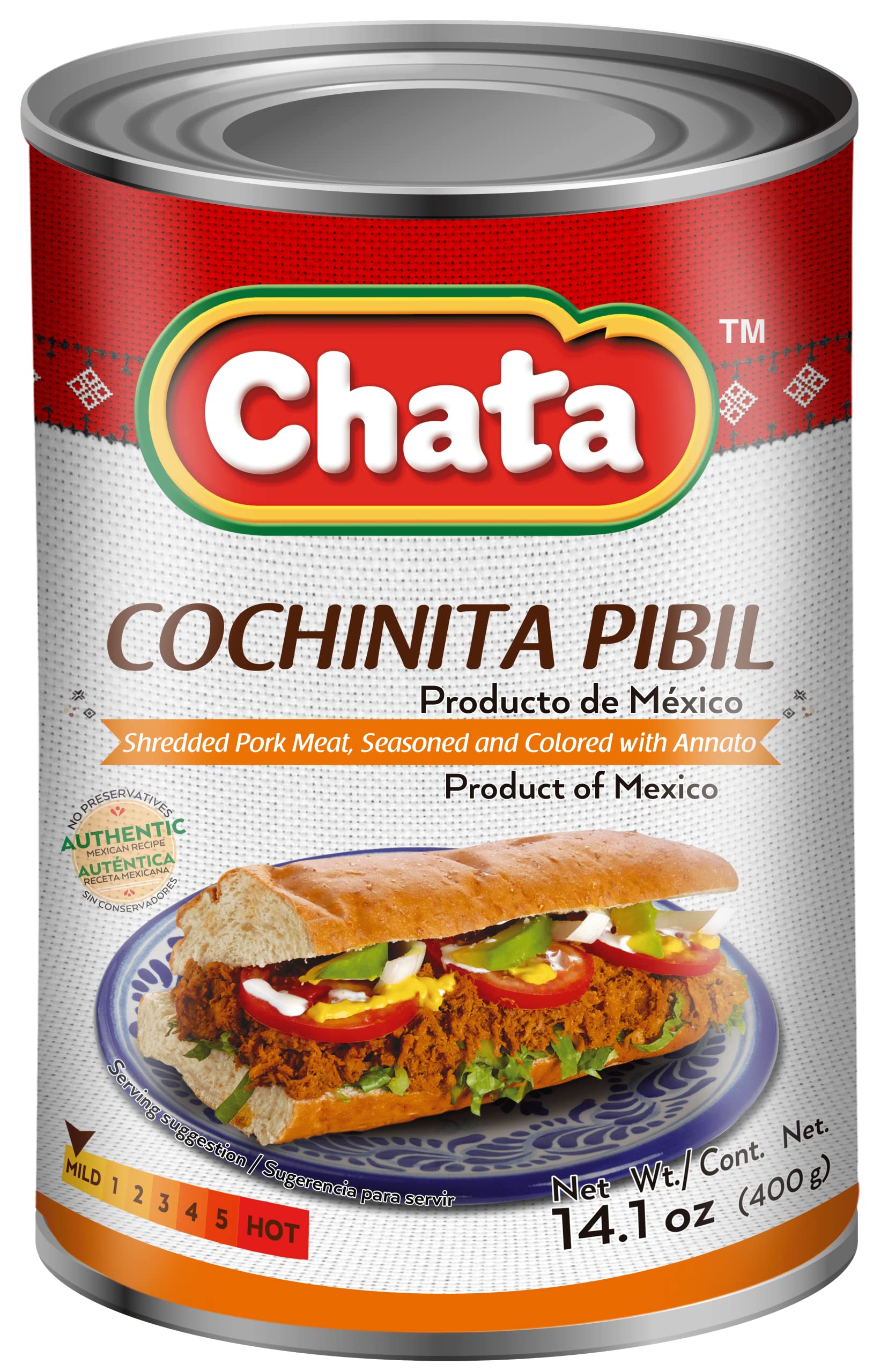 Chata Cochinita Pibil Can | Shredded, Annato Seasoned Pork Meat | Ready-to-Eat | No Preservatives | 14.1 Ounce (Pack of 1)