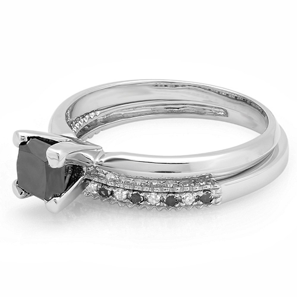 Dazzlingrock Collection 1.50 Carat Princess, Round Black & White Diamond Wedding Ring Set in 10K Solid White Gold Size 7