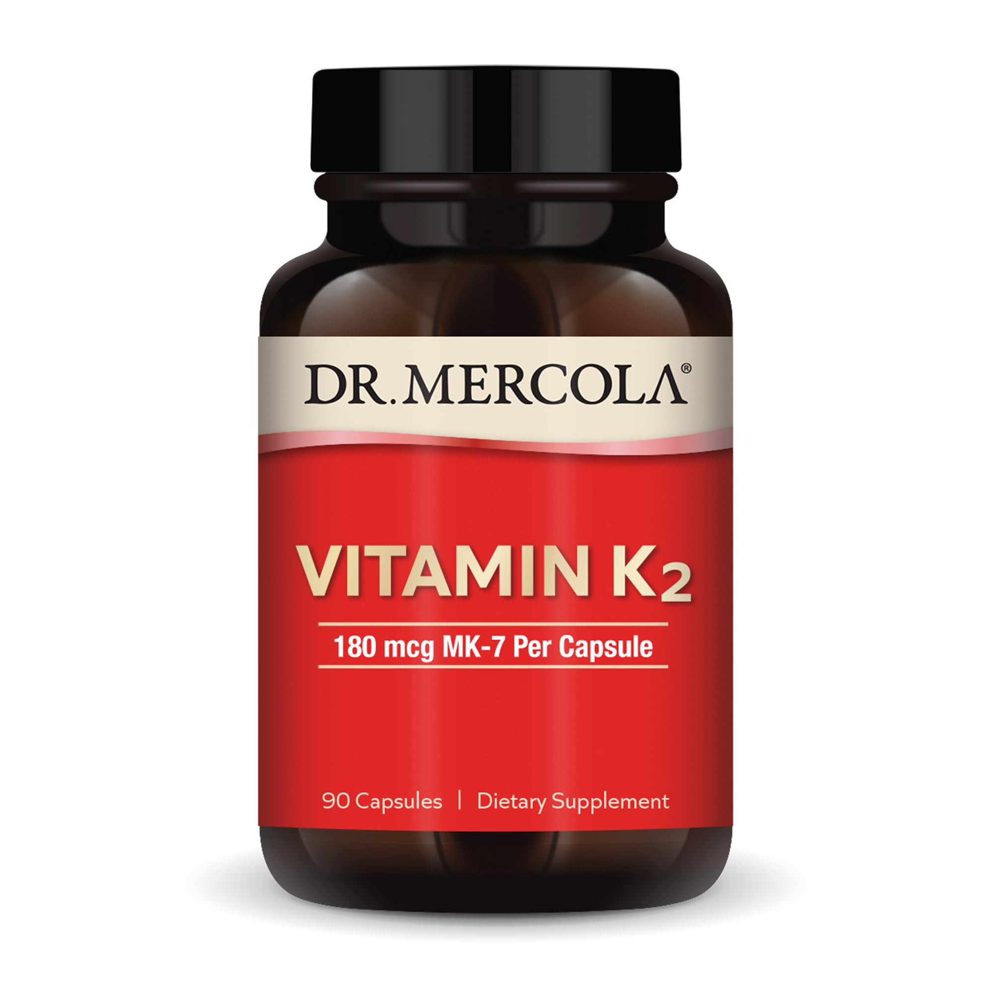 Dr. Mercola Vitamin K2, 90 Servings (90 Capsules), 180 mcg MK-7 Per Capsule, Dietary Supplement, Promotes Healthy Arterial Function, Non-GMO