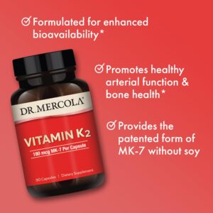 Dr. Mercola Vitamin K2, 90 Servings (90 Capsules), 180 mcg MK-7 Per Capsule, Dietary Supplement, Promotes Healthy Arterial Function, Non-GMO