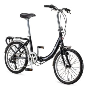 schwinn loop adult folding bike for men and women, 20-inch wheels, 7-speed drivetrain, rear cargo rack, carrying bag, black