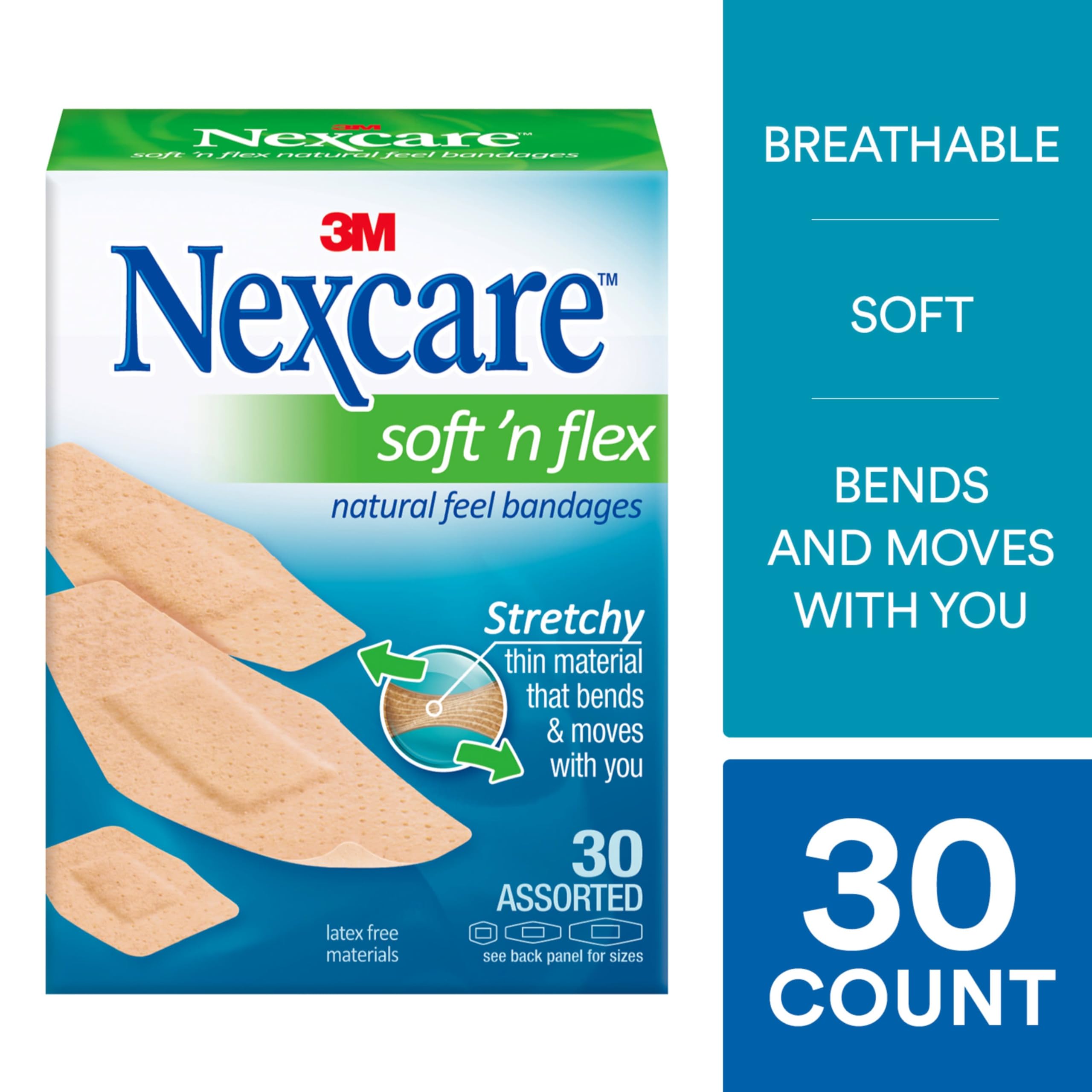 Nexcare Soft 'n Flex Bandage, Assorted Sizes, 30 Count