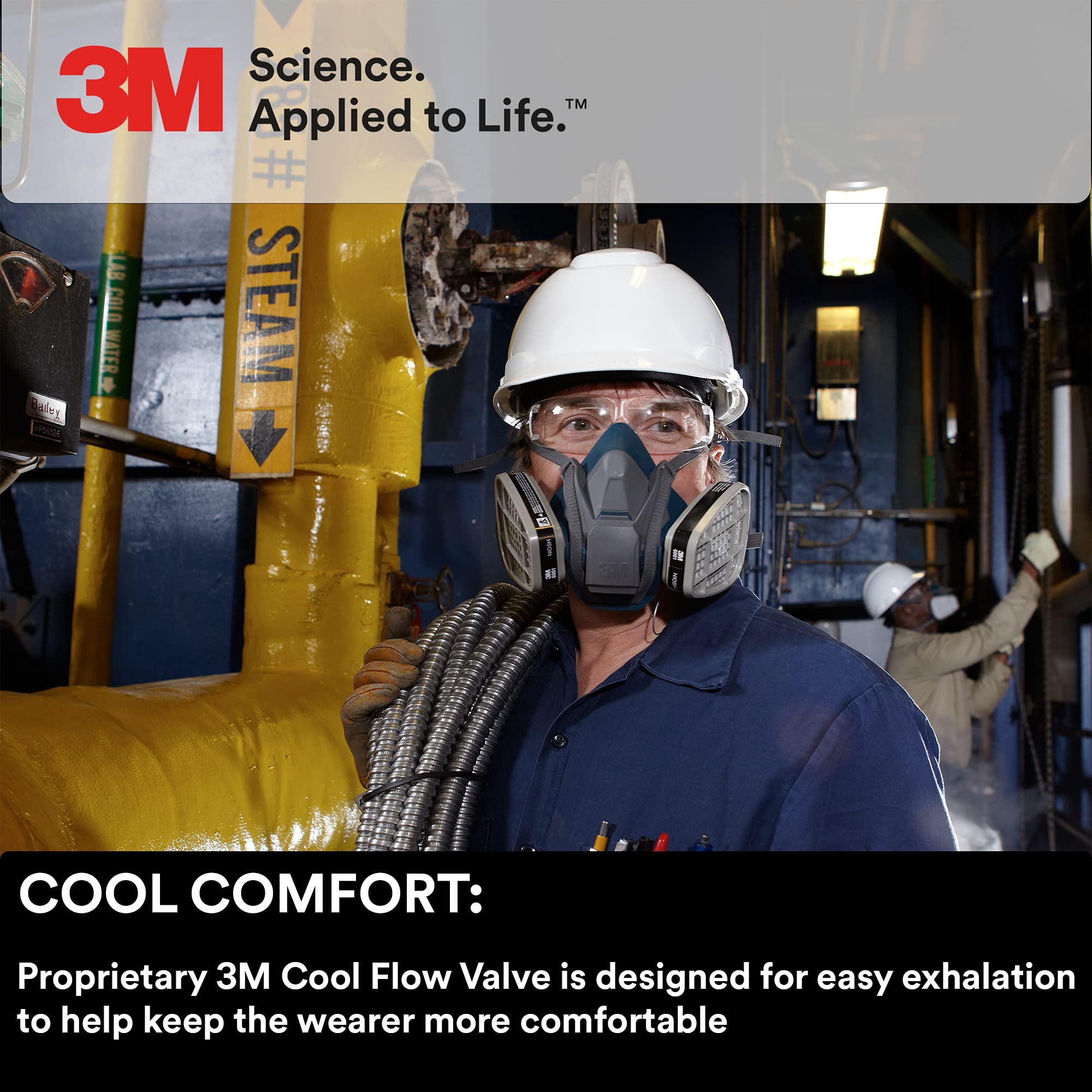 3M Rugged Comfort Quick Latch Half Facepiece Reusable Respirator 6502QL, NIOSH, Cool Flow Exhalation Valve, Bayonet Connection, Silicone Face Seal, for Gases, Vapors, Dust, Maintenance, Construction,M