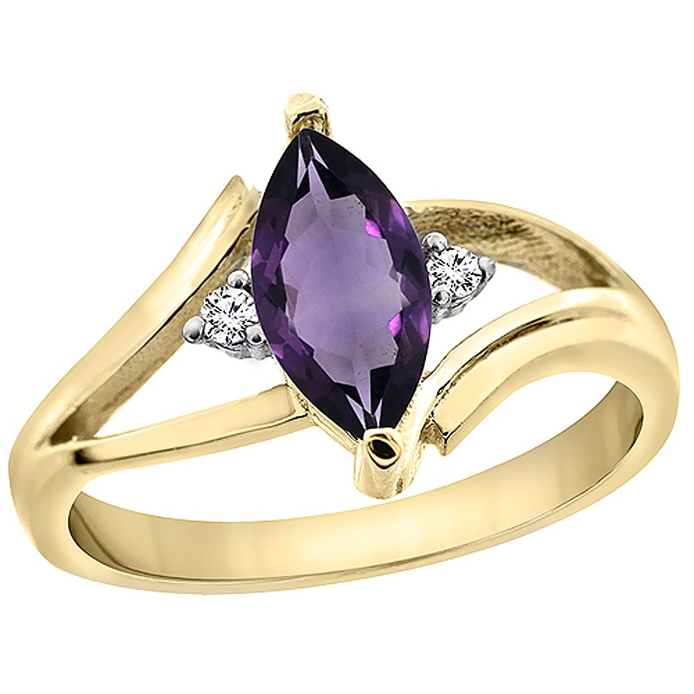 PIERA 10K Yellow Gold Genuine Amethyst Ring Marquise 10x5 mm Diamond Accent size 6.5