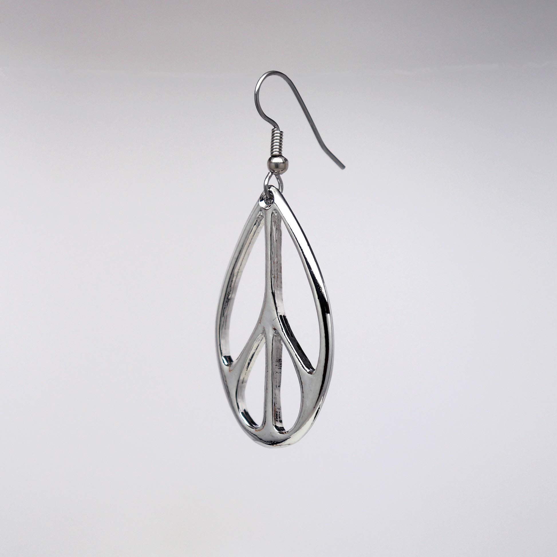 Oval Hippie Peace Sign Dangle Earrings Silver Finish Pewter