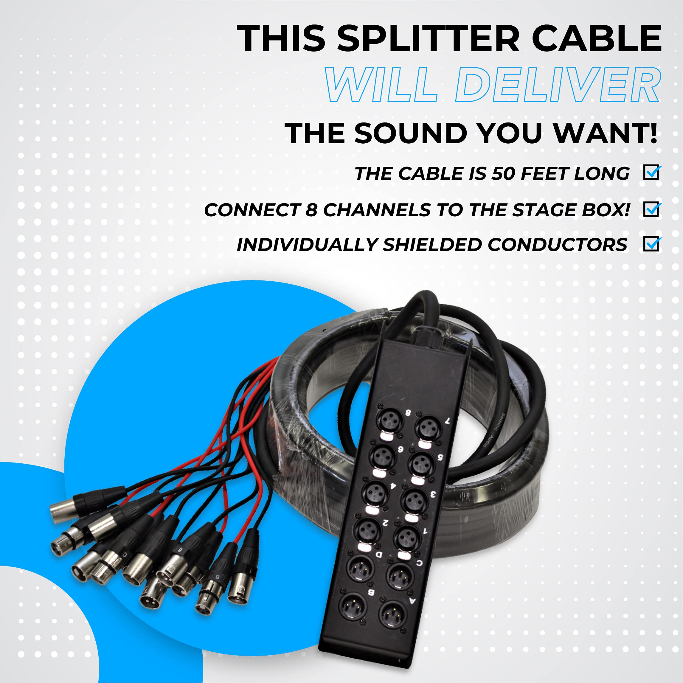 Seismic Audio Speakers 8 Channel Low Profile XLR Send Sub Snake Cable, XLR Splitter Cable, 50 Feet