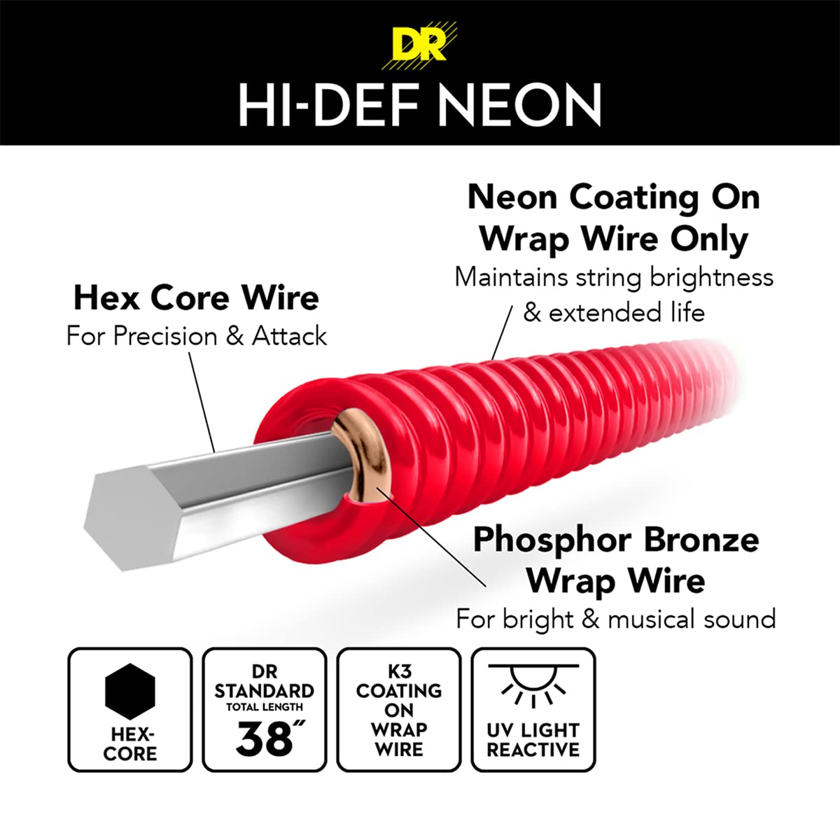 DR Strings Hi-Def NEON Red Coated Medium Acoustic Guitar Strings (12-54)