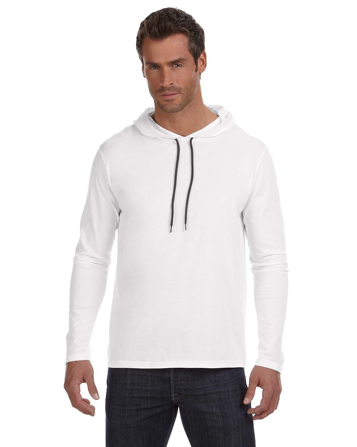 Anvil 987AN Ringspun Long-Sleeve Hooded T-Shirt - White/Dark Grey -XL