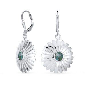 Native American South Western Concho Carved Petal Flower Blossom Blue Turquoise Lever Back Dangle Earrings Women .925 Sterling Silver