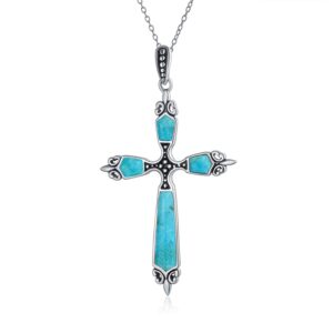 Bling Jewelry Vintage Western Style Spiritual Religious Blue Turquoise Gemstone Fleur De Lis Cross Pendant Necklace For Women Teen Oxidized .925 Sterling Silver