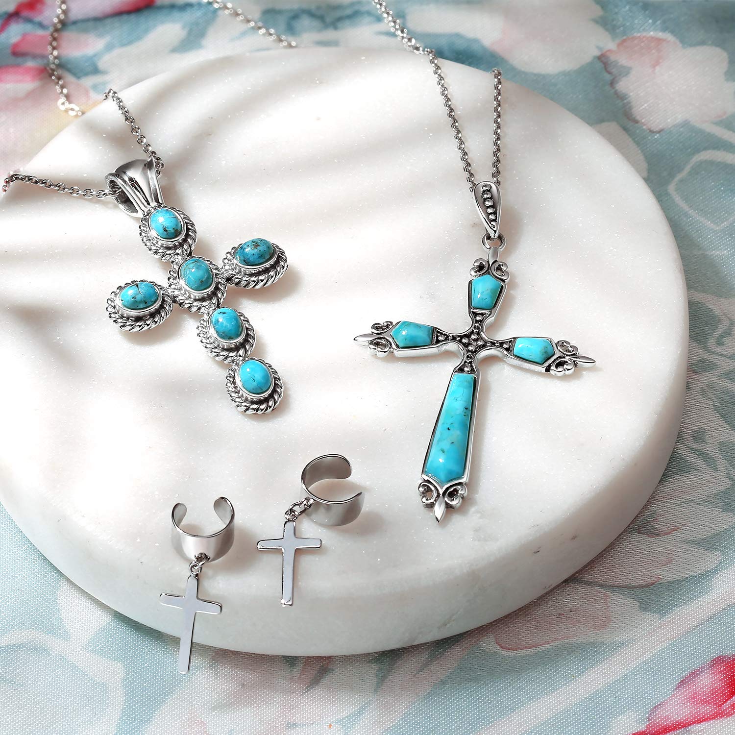 Bling Jewelry Vintage Western Style Spiritual Religious Blue Turquoise Gemstone Fleur De Lis Cross Pendant Necklace For Women Teen Oxidized .925 Sterling Silver