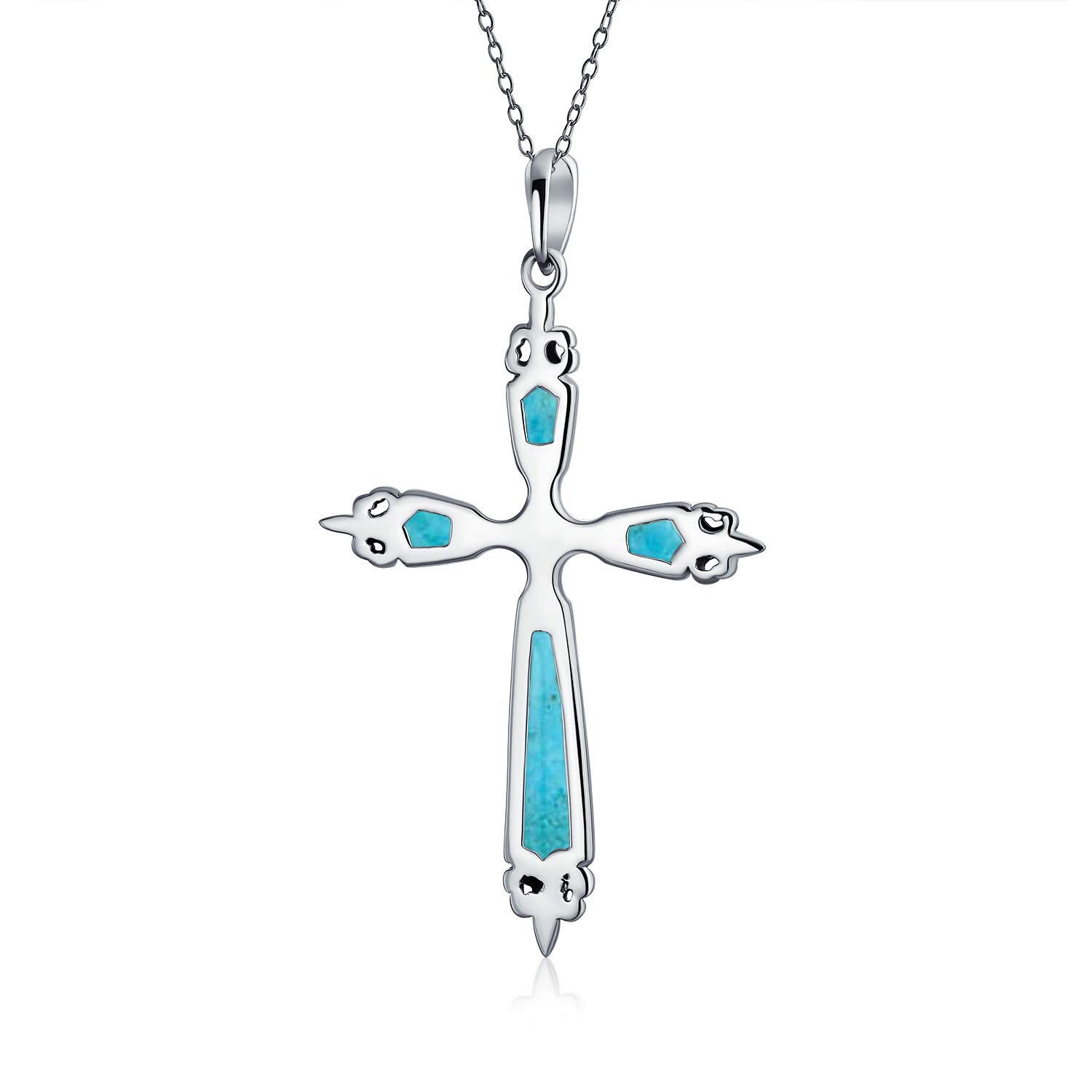 Bling Jewelry Vintage Western Style Spiritual Religious Blue Turquoise Gemstone Fleur De Lis Cross Pendant Necklace For Women Teen Oxidized .925 Sterling Silver