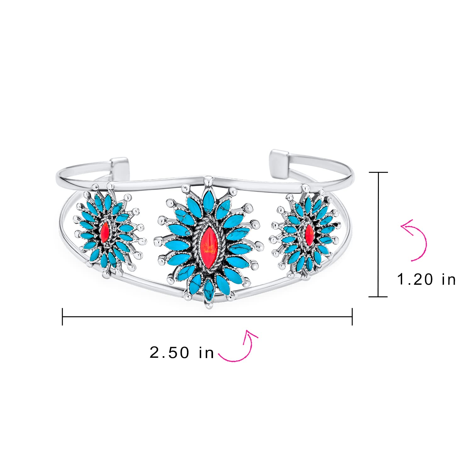 Personalize South Western Navajo Style Orange Red Coral Blue Turquoise Zuni Needlepoint Jewelry Flower Blossom Wide Cuff Bracelet For Women .925 Sterling Silver Customizable