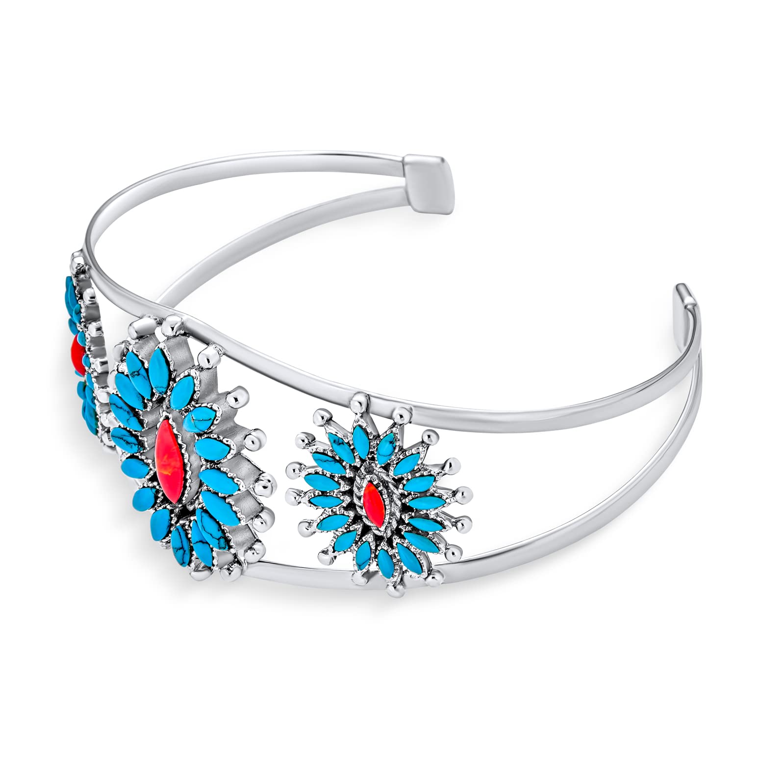 Personalize South Western Navajo Style Orange Red Coral Blue Turquoise Zuni Needlepoint Jewelry Flower Blossom Wide Cuff Bracelet For Women .925 Sterling Silver Customizable