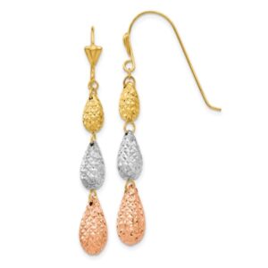 14K Tri Color Gold Teardrop Drop Dangle Earrings