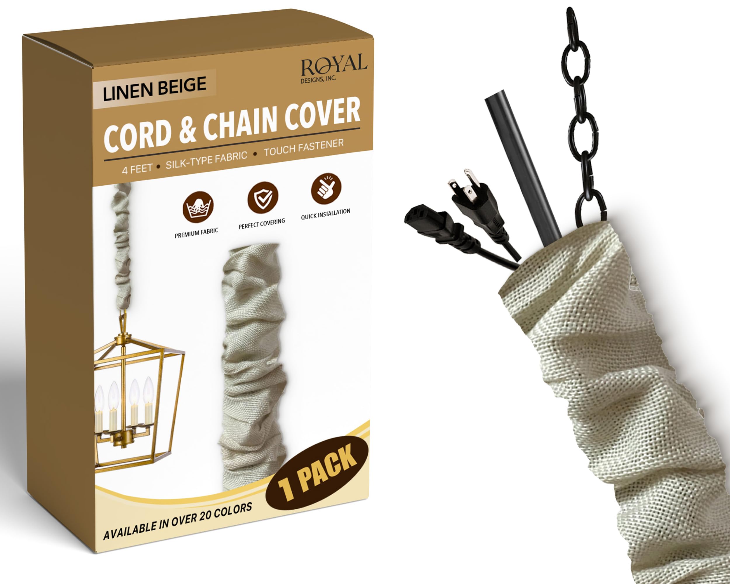 Royal Designs, Inc. CC-1-LB Beige Cord & Chain Cover 4' Linen Fabric Touch Fastener, Linen Beige