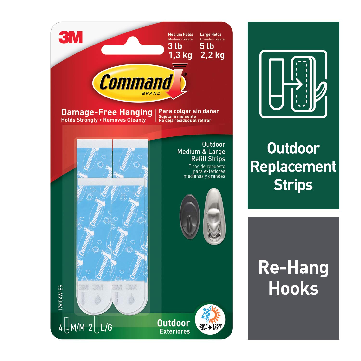 Command Outdoor Medium & Large Refill Strips, 24 Weather Resistant Command Strips (4-Pack of 4 Medium Strips and 2 Large Strips), Water- & UV-Resistant, Re-Hang Command Hooks for Wreath or Wall Décor