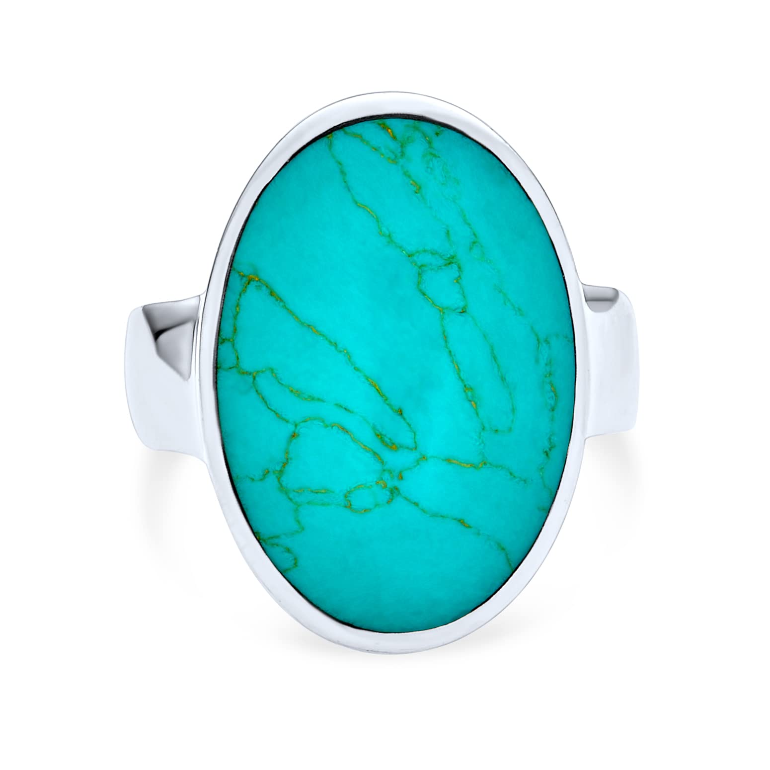 Personalized Simple Southwest Boho Style Large Dome Oval Cabochon Gemstone Bezel Set Blue Turquoise Western Statement Ring For Women .925 Sterling Silver Customizable