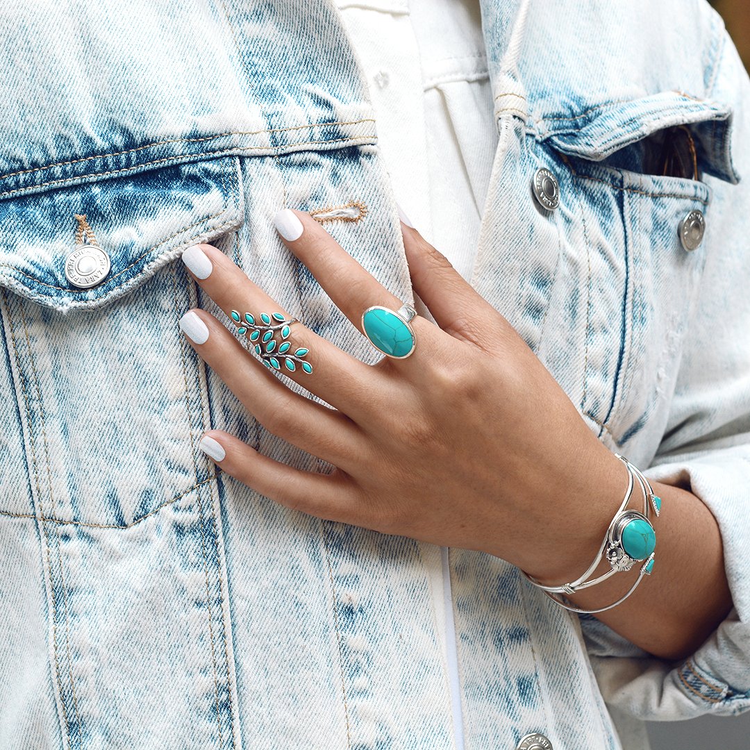 Personalized Simple Southwest Boho Style Large Dome Oval Cabochon Gemstone Bezel Set Blue Turquoise Western Statement Ring For Women .925 Sterling Silver Customizable