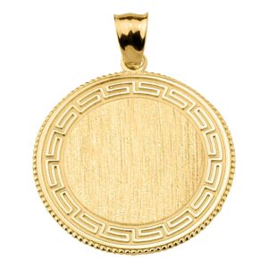 trendy necklaces 14k yellow gold 1-1/8" round greek meandros hellenic key milgrain brushed finish engravable medal pendant charm