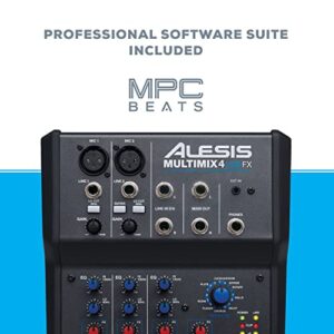 Alesis MultiMix 4 USB FX | 4 Channel Compact Studio Mixer with Built In Effects & USB Audio Interface for Home Studio Recording