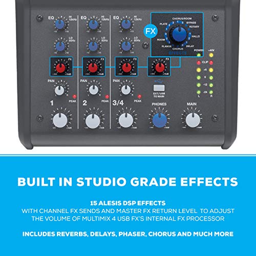 Alesis MultiMix 4 USB FX | 4 Channel Compact Studio Mixer with Built In Effects & USB Audio Interface for Home Studio Recording