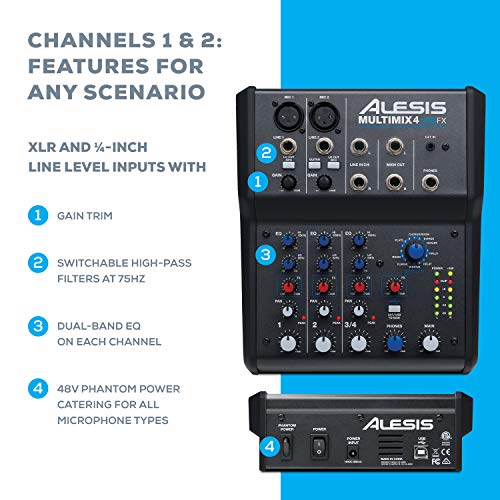 Alesis MultiMix 4 USB FX | 4 Channel Compact Studio Mixer with Built In Effects & USB Audio Interface for Home Studio Recording