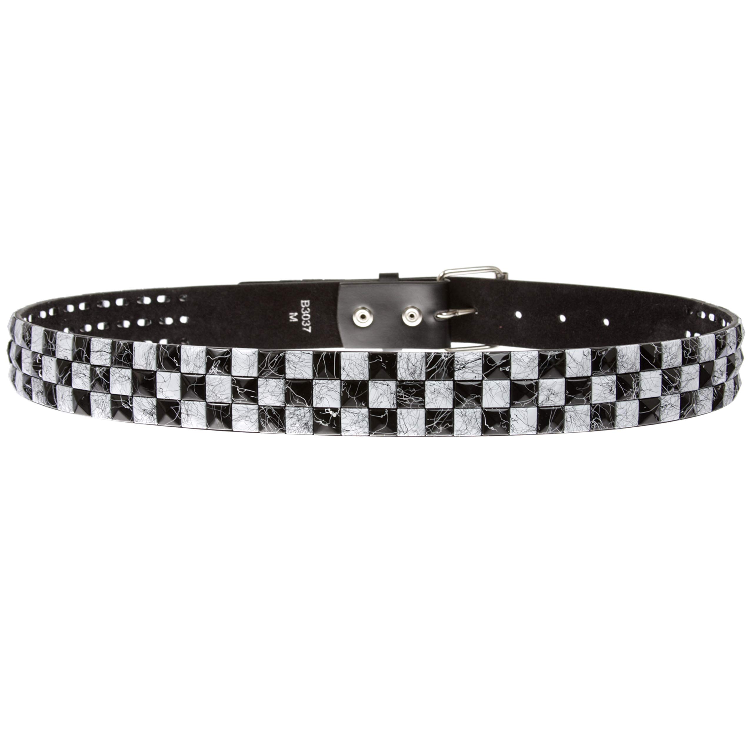 Snap On 1 1/2" White & Black Checkerboard Punk Rock Studded Belt, l 36"-38"