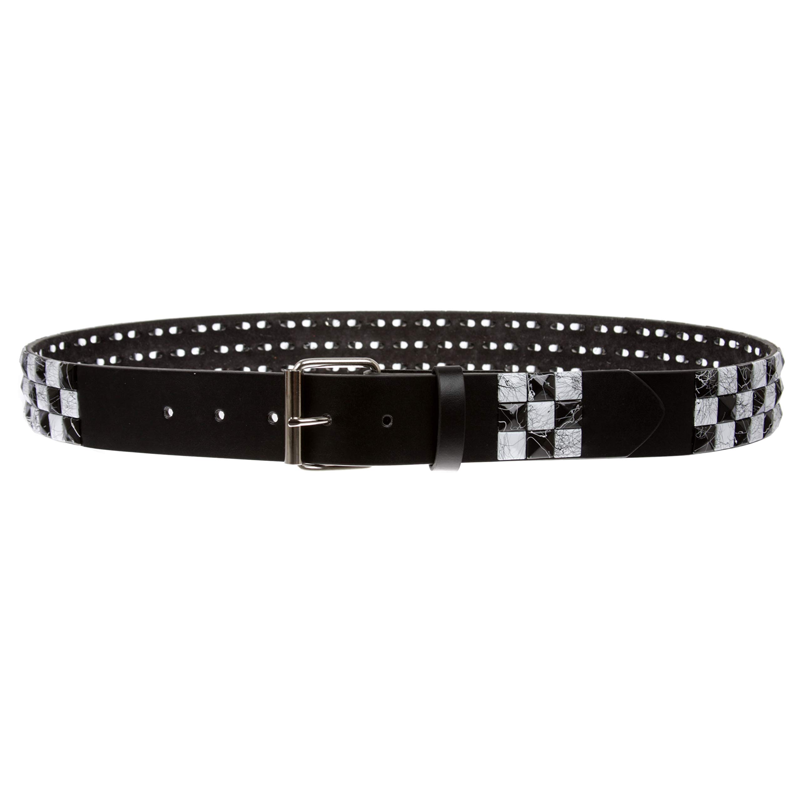 Snap On 1 1/2" White & Black Checkerboard Punk Rock Studded Belt, l 36"-38"