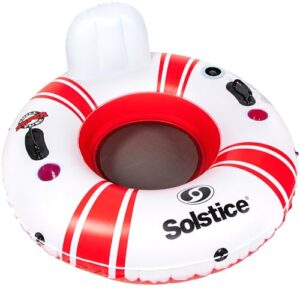 solstice super chill inflatable river raft float tube 1 person with molded cupholders, mesh bottom, backrest, grab handles tie on rope | for rivers lake ocean pool floating snow heavy duty material