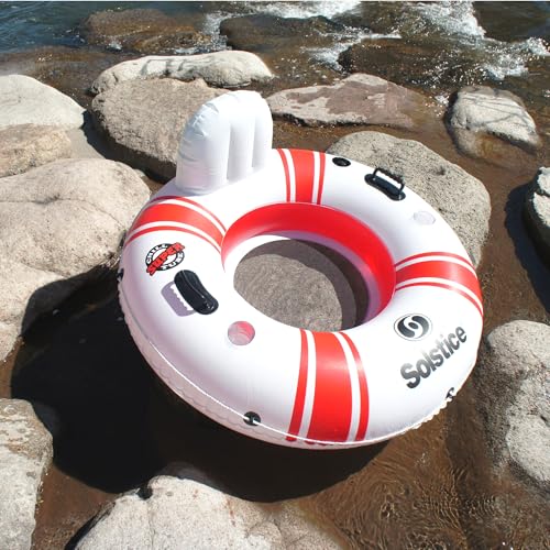 Solstice Super Chill Inflatable River Raft Float Tube 1 Person with Molded Cupholders, Mesh Bottom, Backrest, Grab Handles Tie On Rope | for Rivers Lake Ocean Pool Floating Snow Heavy Duty Material