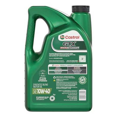 Castrol GTX High Mileage 10W-40 Synthetic Blend Motor Oil, 5 Quarts